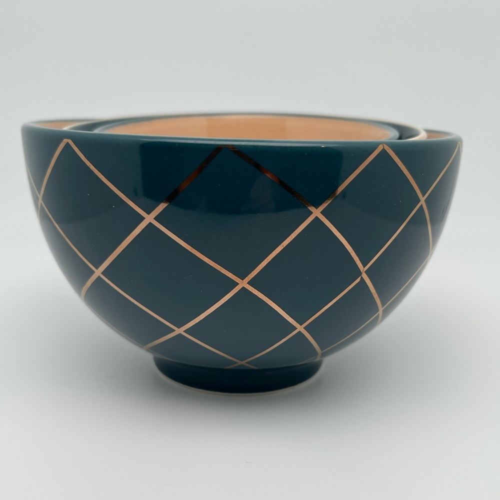 Ceramic Set of 3 Nesting Bowls, Design w/Gold Trim by Chic & Tonic Teal & Peachy - Picture 2 of 13